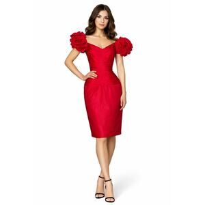 Vintage 1980s Tadashi Red Taffeta Puff Sleeve Cocktail Dress USA size 2-4